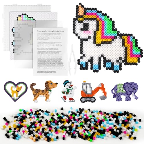 AUAUY Cuentas para Planchar, 600pcs Cuentas y Abalorios Hama Beads, 5mm Kit de Cuentas de fusibles de Agua con Tarjetas de Patrón de Unicornio, Tableros, Pinzas, Papeles de Planchar