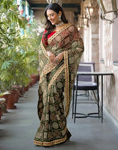 Image of SIRIL Women's Georgette Bandhani Printed Saree with Unstitched Blouse Piece