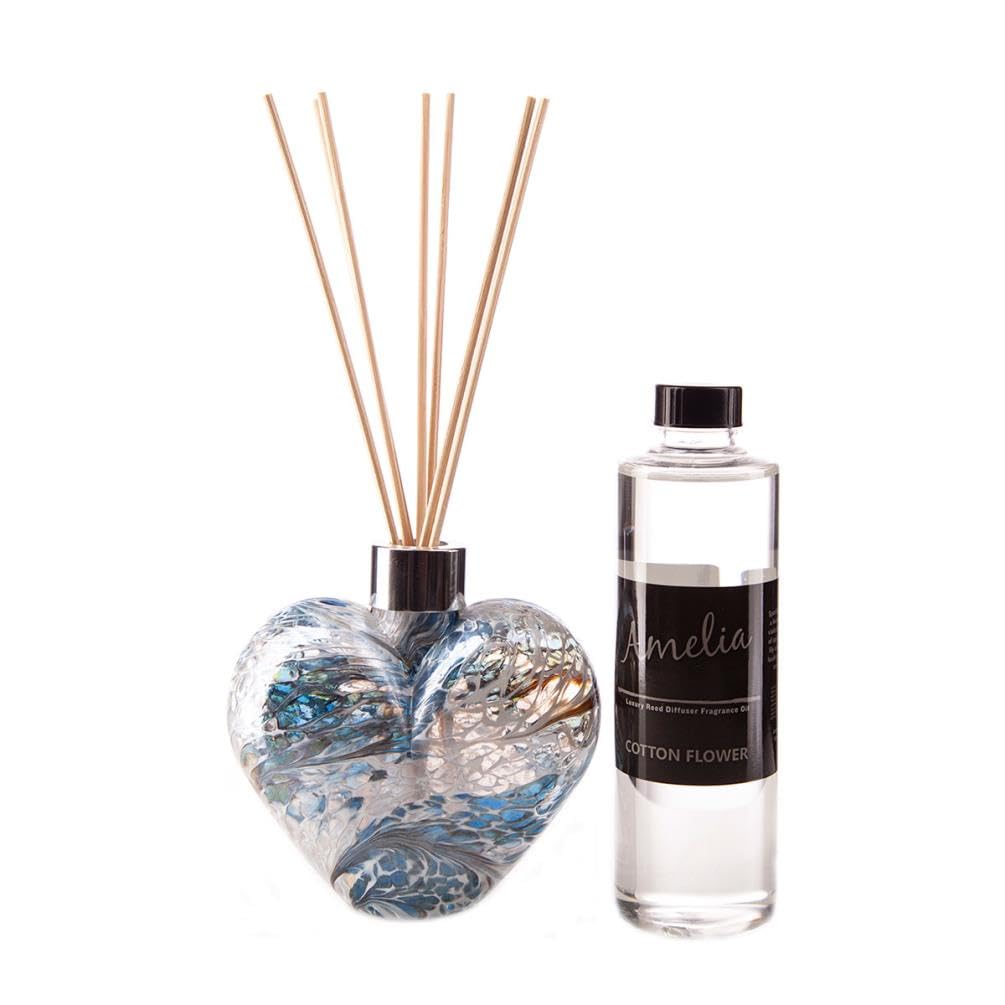 Reed Diffuser Heart Gift Set - White, Blue & Grey Crackled with Cotton Flower Fragrance