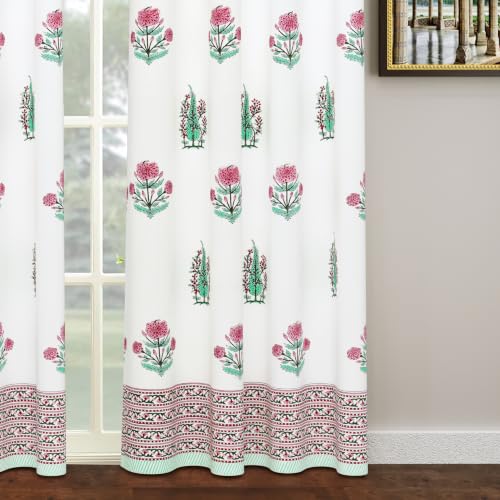 Image of BLOCKS OF INDIA Blackout Hand Block Printed Cotton Daylight Curtains with Eyelets(Set of 2 Curtains) (Block 12, 7 Feet /Door), Pink, White