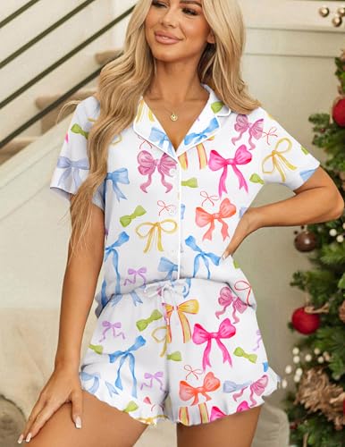 Image of Ekouaer Womens Pajama Sets Button Down Short Sleeve Top and Shorts Cute Ruffled Pjs Sets Sleepwear
