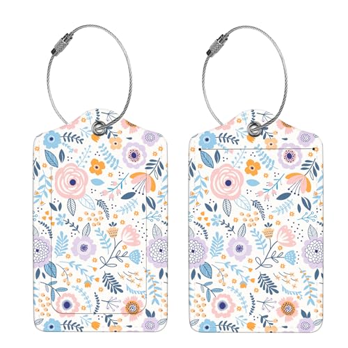 2 Pcs Luggage Tags for Suitcase, Cute Unique PU Leather Travel Bag Tag with Privacy Cover ID Label Address Card and Durable Metal Ring Suitable for Men Women Children Backpack,Colorful Flowers A4
