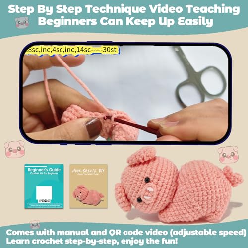 Image of JueRum Pig Crochet Kits for Adult,Amigurumi Advanced Crochet Animals Kit with Step-by-Step Video Tutorials, Learn to Crochet Pig Animals Knitting Kit for Adult Crochet Gifts