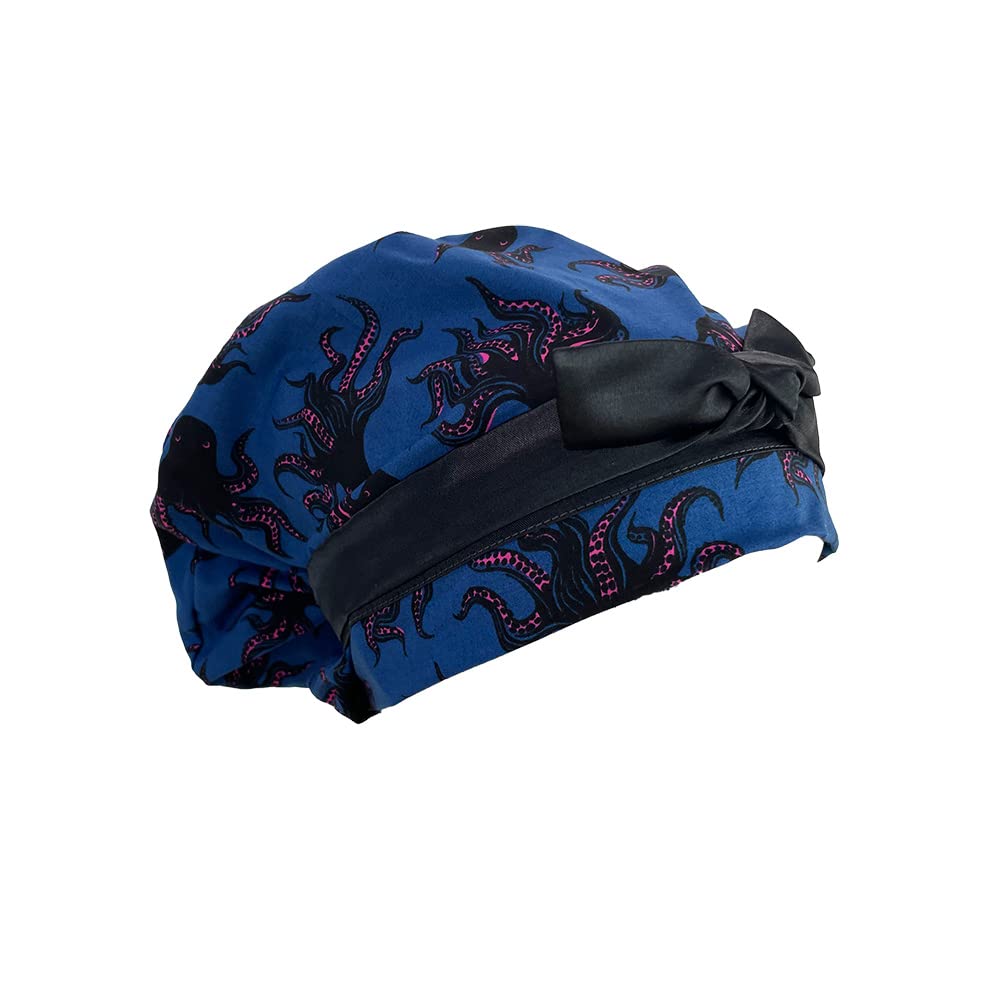 European Style Ribbon – Mystery Food in Bluebell. - Turn Up Ponytail Medical Scrub Cap, Scrub Hat for Women & Men tie Back | Working Cap with Holder. Nurses Hats | Dr. Hats