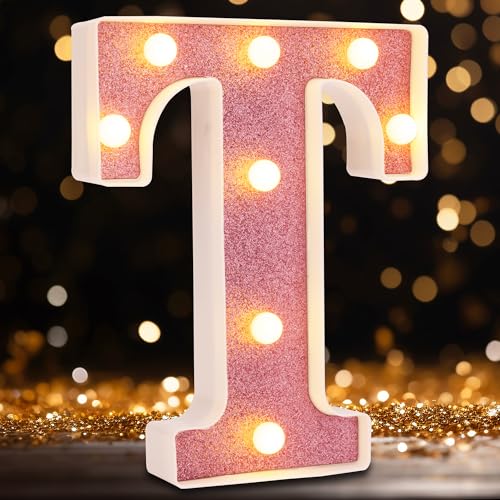 Image of Small Led Marquee Letters, Light Up Letters, 8.58 Inch Led Letter Lights, Battery Powered Lighted Sign for Table, Party, Birthday, Christmas Decor (Pink Glitter, Letter T)