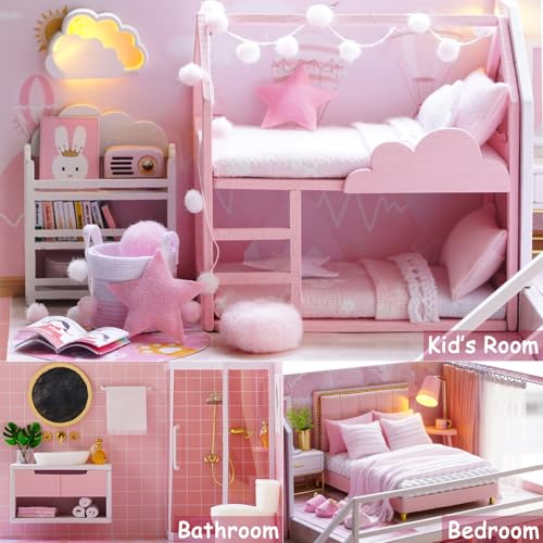 Image of TuKIIE DIY Miniature Dollhouse Kit with Furniture, 1:24 Scale Creative Room Mini Wooden Doll House Accessories Plus Dust Proof & Music Movement for Kids Teens Adults(Meeting Your Sweet)