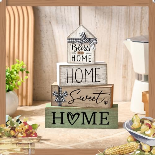 Image of Moucuny 4 Pcs Wooden Farmhouse Table Decor Rustic Home Sweet Home Stacked Blocks Decoration Farmhouse Tiered Tray Decor Decorative Eucalyptus Block Signs Bless Gift for Kitchen Shelf Coffee Table