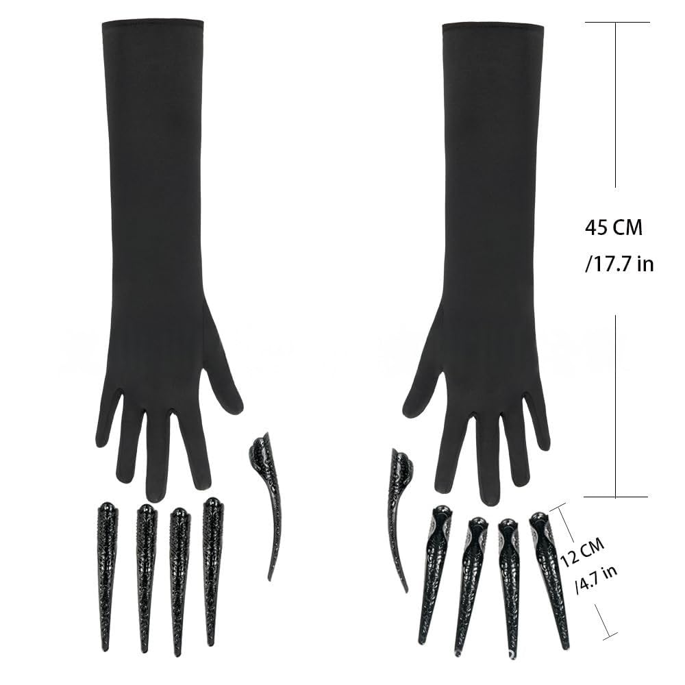 JIAHG Women's Long Horror Claw Gloves Black Ghost Gothic Witch Gloves with Scary Claw Halloween Costume Fancy Dress Handswear Performance Cosplay Accessory (Black Gloves with Detachable Nails) - Image 4