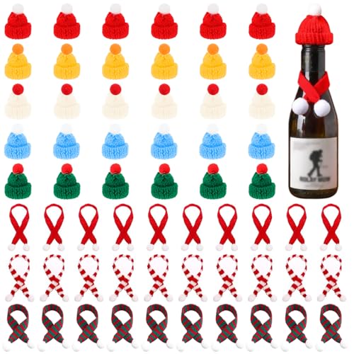 Forreen 60 Stücke Mini Weihnachtsmütze und Schal Set,Mini Weihnachtsdeko Lutscherhut Flaschenverschluss für Tischdekoration,Schneemann,Dekoration,Geschenk,Dekoration,Party