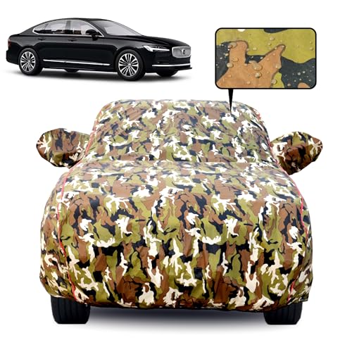 Image of 100% Waterproof Car Body Cover for Volvo S-90 with Mirror Pocket, Soft Cotton Lining, Triple Stitched, Full Bottom Elastic (Heat Resistant Jungle Print with Red Piping)