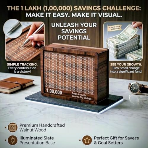 Image of 1 Lakh Savings Challenge Box, Wooden Money Saving Tracker with Goal Chart, Brown Square Gullak Piggy Bank for Kids and Adults