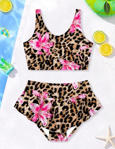 Image of Qaoerde Girls Swimsuit Tropical Print Bikini Set with Ruffle Hem Two Piece Criss Cross Bathing Suits for Girls 7-16 Years