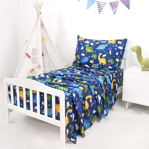 Image of Hooyax Toddler Bedding Set for Boys - 4 Piece Dinosaur Toddler Comforter Set Includes Fitted Sheet, Comforter, Pillowcase & Flat Sheet - Soft Comfort Microfiber for All Seasons
