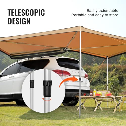VEVOR Vehicle Awning 270 Degree 8.2' Roof Rack Pull-Out Retractable Sun Shade Height Adjustable, PU3000mm UV50+ Weatherproof Car Side Awning for SUV Camping (Hardware Included), Waterproof Storage Bag