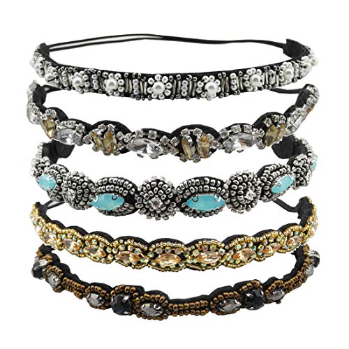 Inspirelle 5 Pack Rhinestone Beaded Elastic Headband, Fashionable Handmade Crystal Beaded Elastic Hairbands Lady Women Girls Hair Jewelry Accessories
