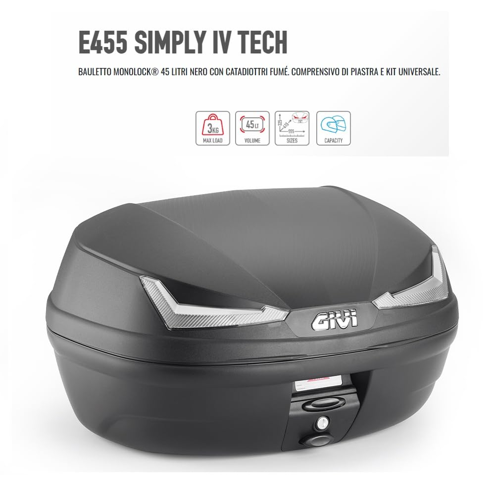COMPATIBILE CON HONDA PCX 125 BAULETTO MONOLOCK VALIGIA 45 LITRI PER MOTO SCOOTER BAULE NERO CON CATADIOTTRI FUMÉ COMPRENSIVO DI PIASTRA E KIT UNIVERSALE