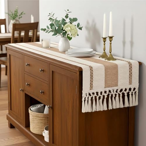 Image of FEXIA Boho Table Runner for Hoilday Spring Home Decor with Tassels 60 Inches Long Pottery barn Furniture Farmhouse Rustic Macrame Burlap Table Decoration for Living Room (12x60 Inches)