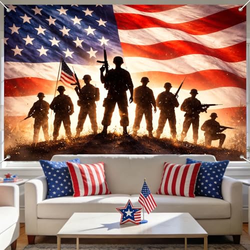 Image of IVN Patriotic Soldier Banner 71x43 Inch American Flag Military Troops 4th