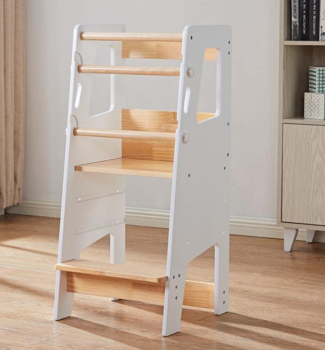 Montessori Toddler Kitchen Step Stool, 3 Height adjustable with Anti Slip Protection, for Kitchen and Bathroom (Natural & White Colour)