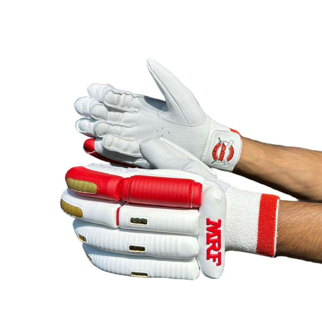 M*R*F Leather Plam Cricket Batting Gloves Geni*us Prince, Shubman Gill Edition White Red Gold, Leather, Professional Protection | Club Play | Tournament | Matches | (White/Red/Gold, Youth RH, Right)-image-10