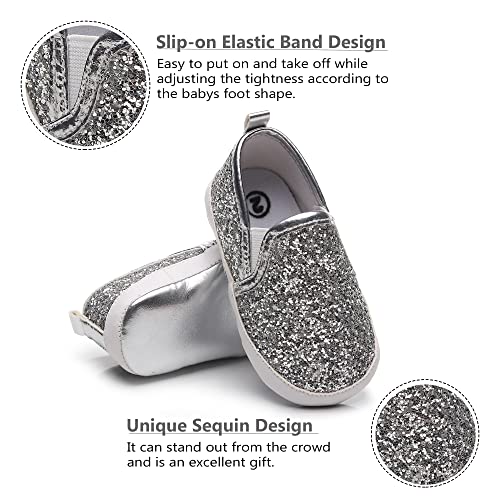 Hongteya Baby Shoes Baby Boys Girls Sequins Crib Shoes Baby Moccasins Toddler Leather Caual Sneakers Infant Glitter Shoes - Soft Sole For 0-18 Months Babies First Walking Silver #TOP2
