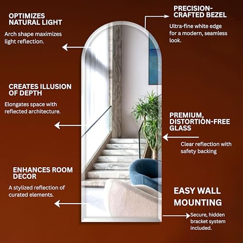 Image of Creative Arts n Frames 5mm Full Length Long Beveled Smooth Edges Frameless Rectangular Wall Mount HD Mirror Home Decor Items (18X42 inch Arch HD Mirror)