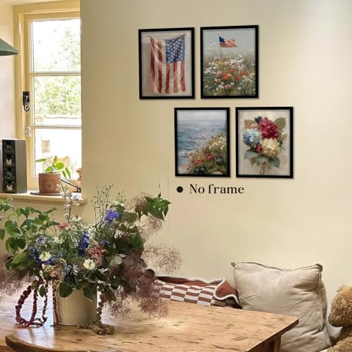 Image of WEFKODO Vintage Patriotic Decor Wall Art for Home Bathroom Bedroom, Vintage Retro America Flag Hydrangea Floral Wall Decor 4th of July Decorations Pictures Posters Prints Set of 4, 8x10 Inch Unframed