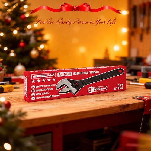 Image of SEDY 8-Inch Adjustable Wrench, Black Oxide Finish Wide Jaw Spanner with Inch /Metric Scale, Premium Drop Forged Steel for Automotive Plumbing and Household Repairs