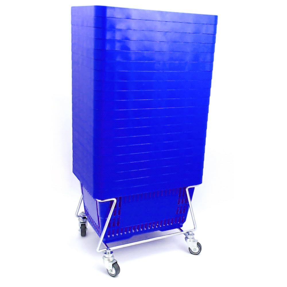 gebar – Einkaufskörbe, Verkaufskörbe mit Korbstapelwagen als Set, Korb mit 1 oder 2 Griffe und Farbwahl (Blau 1 Griff, 20 Körbe / 1 Metallwagen)