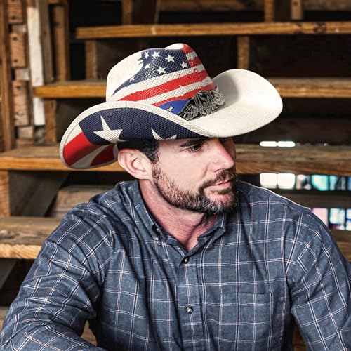 Image of Keilin Straw Cowboy Hat for Women and Men - American Flag Patriotic USA Western Hat 4th July Cowgirl Country Rodeo