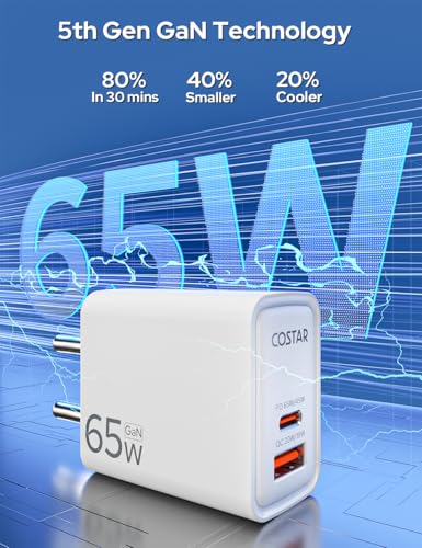 Image of COSTAR 65W GaN Fast Charger Type C with 1.2m 3A Fast Charging Type C Cable, QC /PD Dual Port USB A + Type C, Power Adapter Plug Wall Charger for Laptop, iPhone, Samsung, Realme, Xiaomi and Vivio Oppo