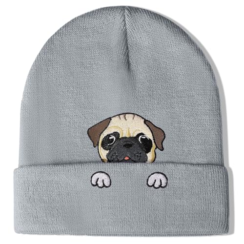 Pug Beanie Hat - Gifts for Women Men Dog Lovers Mom Dad - Funny Cute Animal Stuff for Christmas Birthday Decorations - Black and Grey