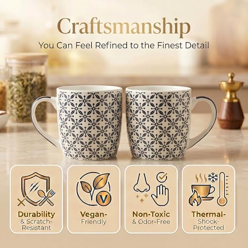 Image of UPC Coffee Mug Set of 6 | White & Black Fine Geometric Floral Tile Print | Delicate Snowflake Lattice Pattern | Bone China Tea & Coffee Cups | Microwave Safe | Home & Kitchen