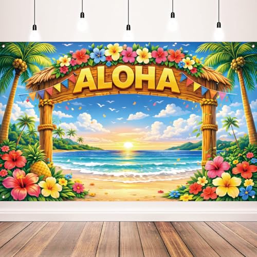 Aloha Party Backdrop Tropical Hawaiian Beach Photo Banner with Floral Arch and Palm Trees Luau Summer Party Decorations 71 x 43 Inch