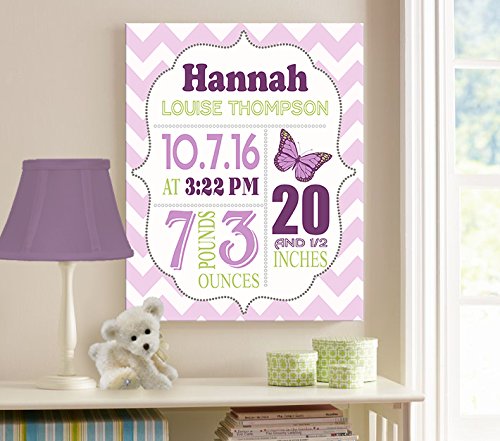Personalized Stretched Canvas Birth Announcement Gift, Custom Baby Name, Date, Weight Stats, Newborn Butterfly Nursery Wall Art Decor, Wooden Frame Construction, Ready to Hang 20X24