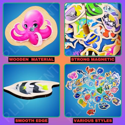 Image of PLUSPOINT Magnetic Wooden Fishing Game Toy for Toddlers, Fish Catching Games of 30 Piece Fishes 2 Sticks 1 Fishing Tray, Preschool Learning Hand and Eye Co-Ordination Educational Toys 3+Yr Kids