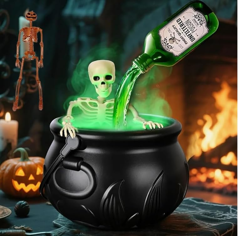 Halloween Decorations Indoo, Cauldron Halloween Decor with Magic Floating Potion Bottles and Diffuser, Black Plastic Witches Magic Skeleton Cauldron Bath Decor Hocus Pocus Party Decoration (1, 8in)