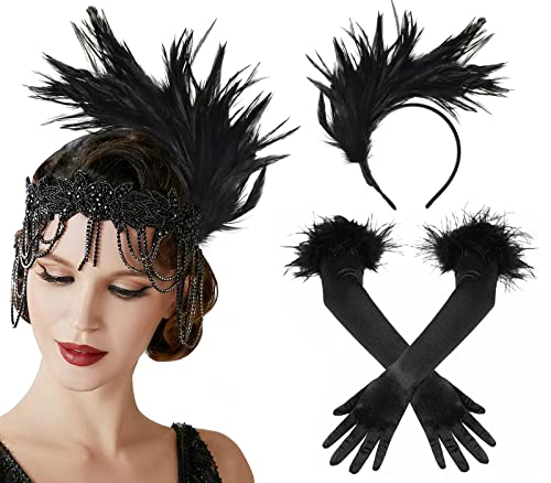 Dearlan 2 Pieces 1920s Flapper Headband Accessories Set Feather ...