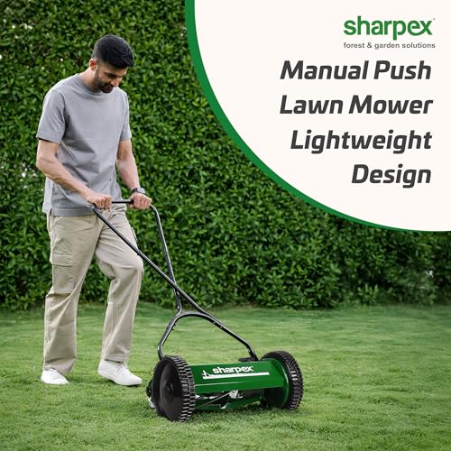 Image of Sharpex 12 inch Manual Push Lawn Mower for Home Garden | 17-33mm Grass Cutting Range | 5 Height Adjustment Positions | Suitable for up to 400 sq ft | Without Grass Catcher | Made in India | Green