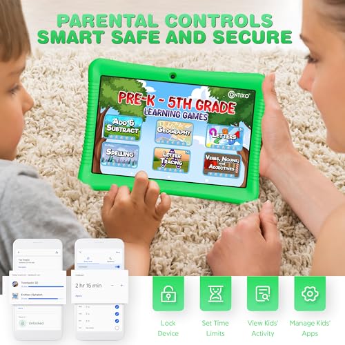 Image of Contixo K102 10 inch Kids Tablet Bundle - Wireless Kids Headphones, 32GB, Learning Educational Apps, Parental Controls, Dual Cameras, Shockproof Case with Kickstand & Stylus, Ages 3-7 - Green