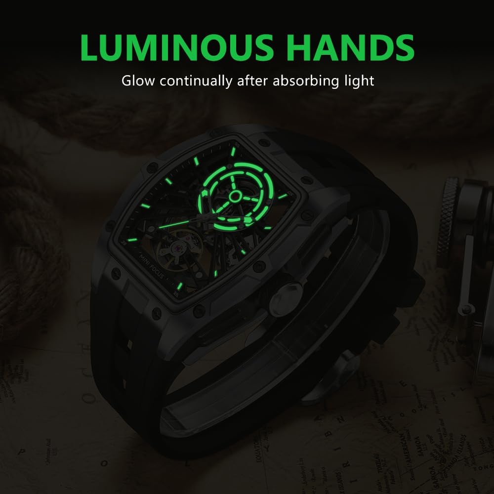 AIMES Men Automatic Watch Tonneau Luxury Skeleton Watches for Men Automatic Mechanical Winding Waterproof Analogue Watches Mens Unique Cool Square Big Face Dial Wristwatch with Silicone Strap Band