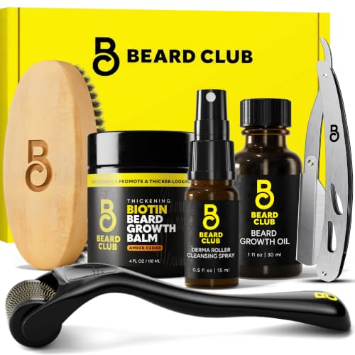 Image of The Beard Club Beard Growth Kit for Men - Grooming Set with Growth Oil, Biotin Balm, Derma Roller, Boar Bristle Brush, Cleansing Spray and Straight Razor - 6 pc Gift Set for Facial Hair