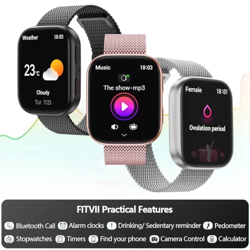 Image of FITVII Health & Fitness Tracker (Answer /Make Calls), Smart Watch with 24 /7 Heart Rate and Blood Pressure, Sleep Tracking, Blood Oxygen Monitor, 120+ Sport Modes Activity Tracker for Women Men