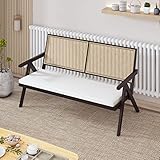 RARZOE Rattan Patio Loveseat Bench with Cane Back & Solid Wood Base, Modern Upholstered Rattan Patio