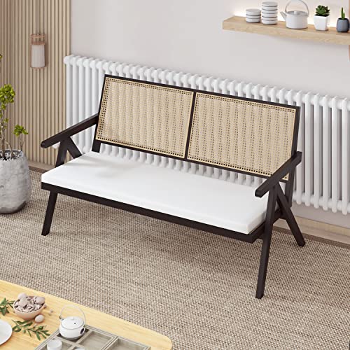 Rarzoe Rattan Patio Loveseat Bench With Cane Back & Solid Wood Base, Modern Upholstered Rattan Patio Outdoor Bench Sofa With Removable Cushions For Living Room Garden Patio Porch, Black #TOP14