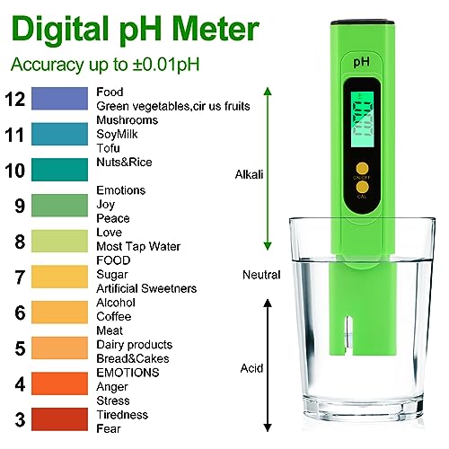 PH Messgerät Digital, 0-14 pH-Messbereich, 0.01 Hohe Genauigkeit, Aideepen pH-Wasser-Tester mit LCD-Display Hintergrundbeleuchtung für Wasser, Aquarium, Spa, Pool, Mit Kalibrierpulver(Grün)