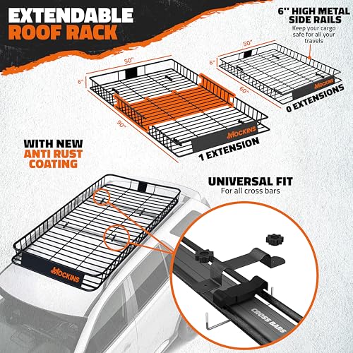 Mockins XXL 90"x50"x6" Heavy Duty Roof Rack Cargo Carrier w/ 50 CuFt Waterproof Rooftop Cargo Bag for Top of Car | All-Weather 250 Lbs Cap Car Top Carrier Roof Basket for SUV RV Van w/Accessories