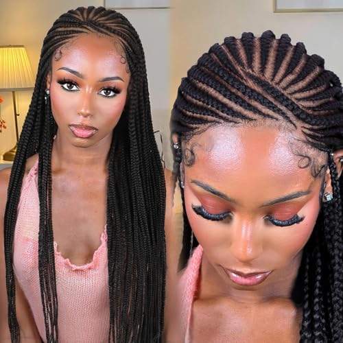FANCEE Full Lace Braid Wig with Baby Hair 34 Inch Cornrow Pre Plucked HD Full Lace Knotless Box Braided Wig for Black Women Lemonade Braids Fulani Style