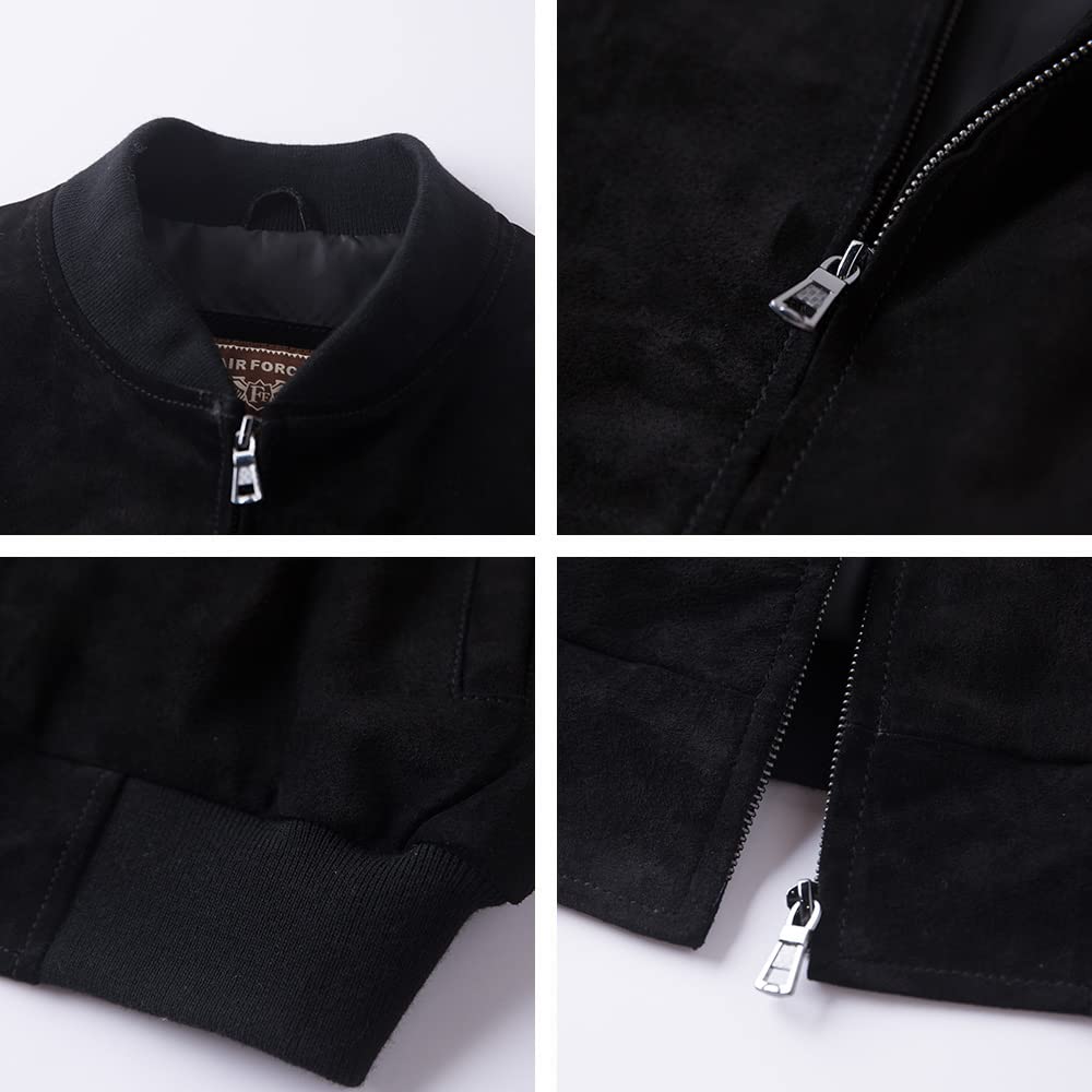 FLAVOR Men's Leather Baseball Jacket Vintage Suede Pigskin (Large, Black)