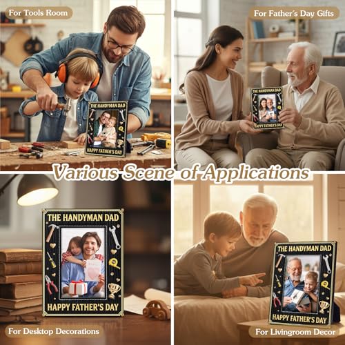 Image of FLYAB Fathers Day Picture Frame The Handyman Dad Picture Frame with Embossed Tools Design Holds 4x6 Photos Unique Fathers Day Gift for Dad Tabletop Display Decorations
